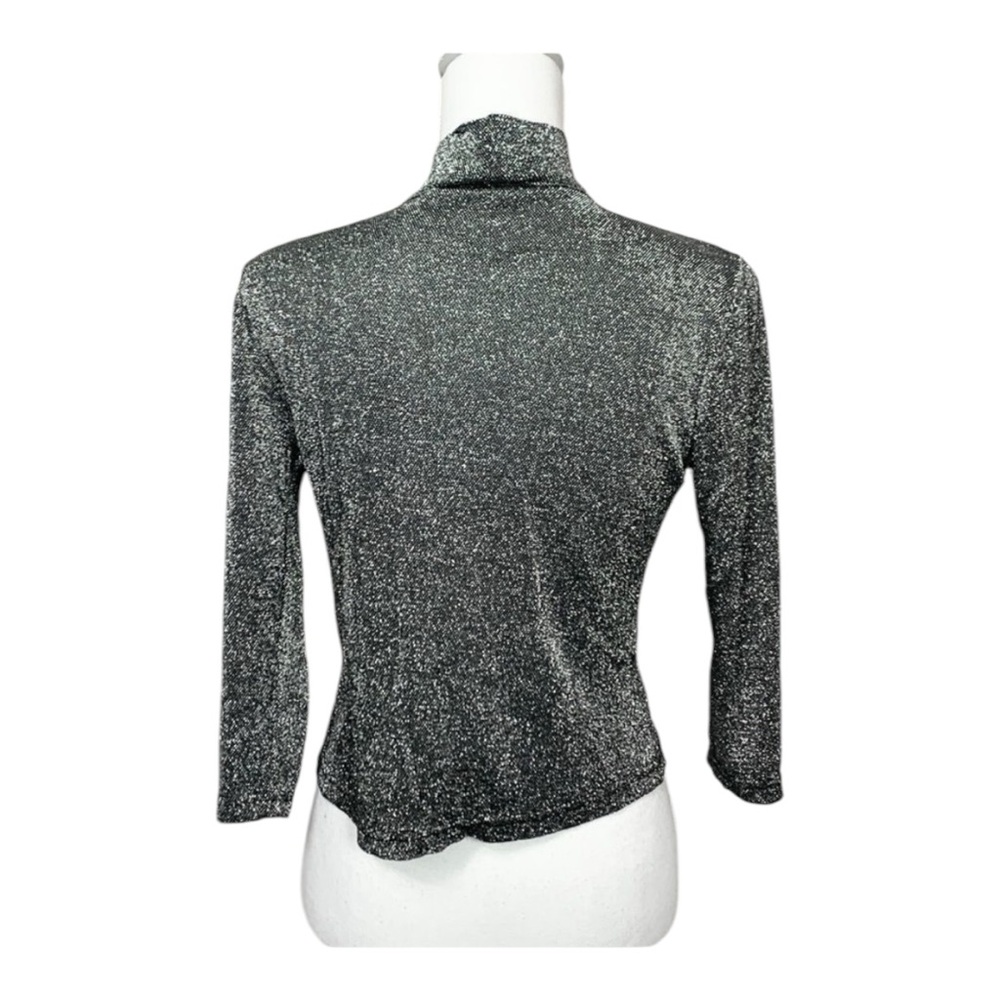 Heavenly VINTAGE Black & Silver Metallic Neck Tie 3/4 Sleeve Stretchy Top Small - Picture 2 of 7